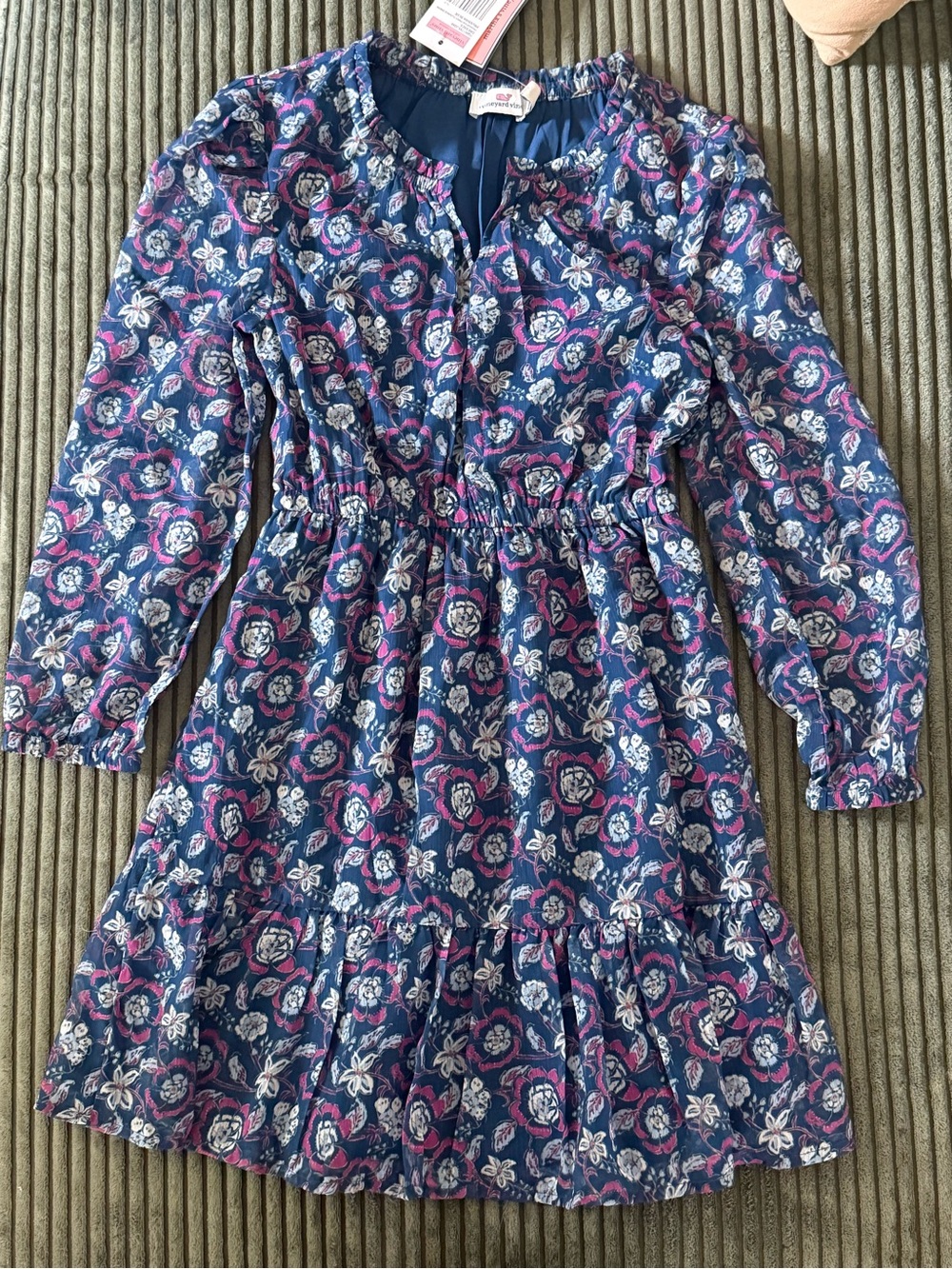 Vineyard Vines Navy Floral Long-Sleeve Girls' Dress with Pink Accents